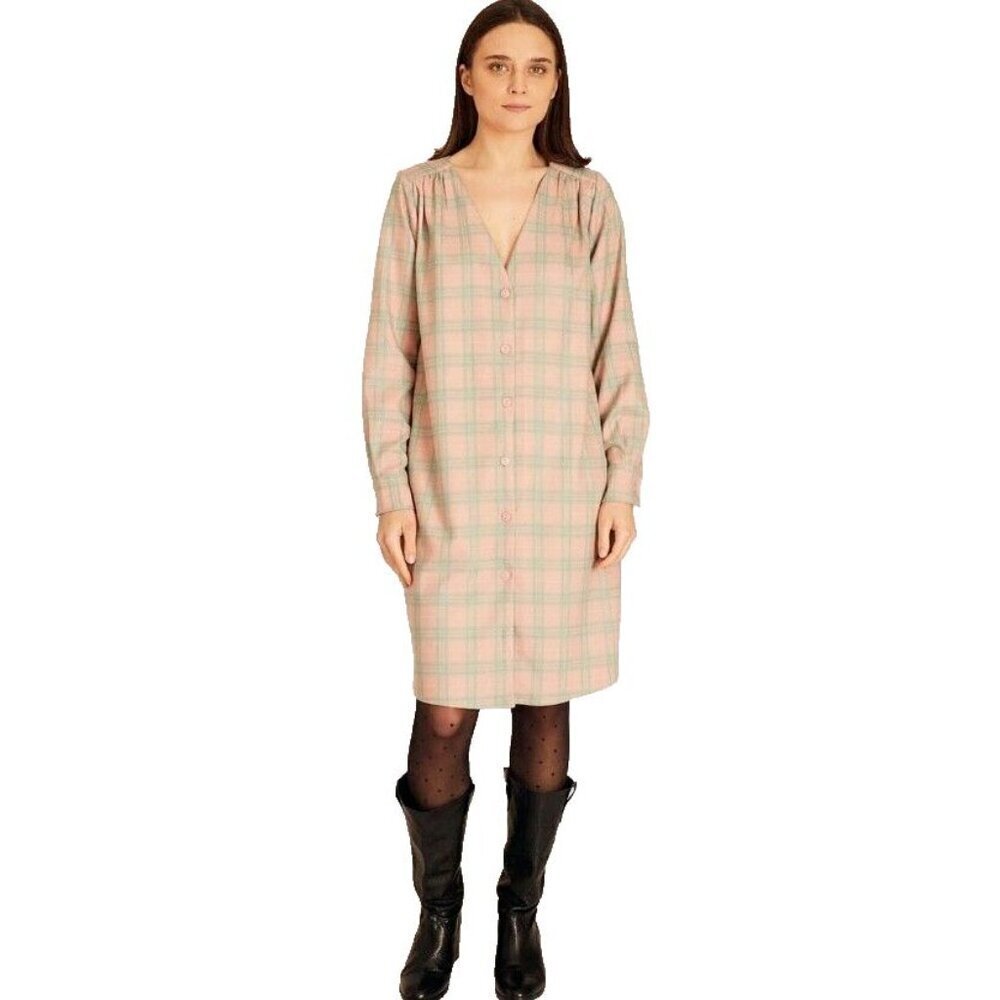 PEPALOVES SQUARES SHORT DRESS NUDE RELAXED FIT PINK GREEN PLAID PATTER POCKETS